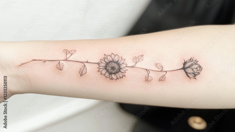Obraz premium Floral forearm tattoo sunflower, rose vine