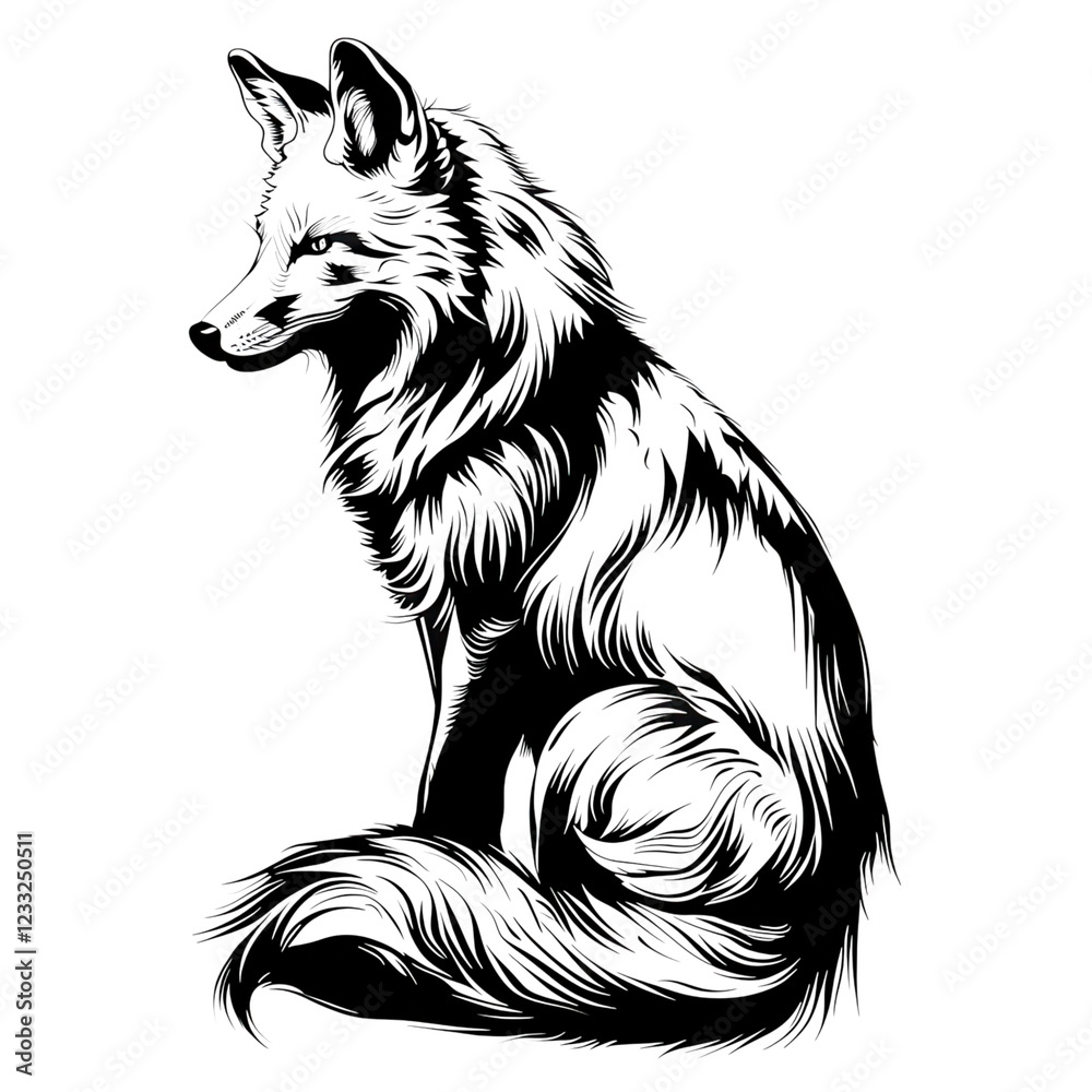 Fototapeta premium Intricate Line Art Illustration of a Sitting Fox in Profile View