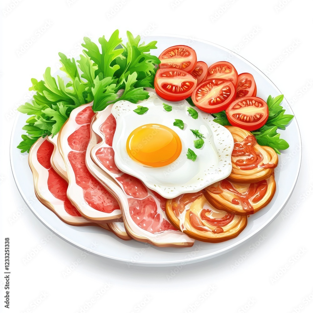 Delicious breakfast plate with bacon, egg, tomatoes, and toast Delicious breakfast plate with bacon, egg, tomatoes, and toast
