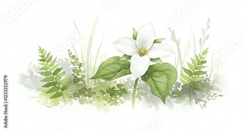 Watercolor Painting of White Trillium Flower with Ferns and Greenery in Spring