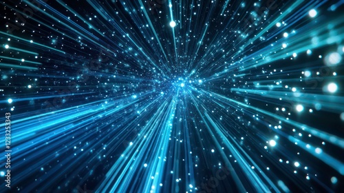 Retro 80s video game background with grid of blue light streaking in space