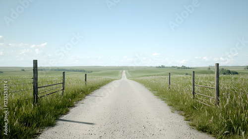 Rural gravel road vanishing into grassy fields under a clear sky; travel, freedom concept