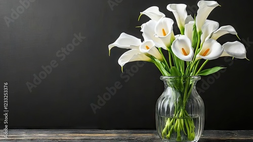 White calla lilies in glass vase, dark background, floral arrangement, sympathy card
