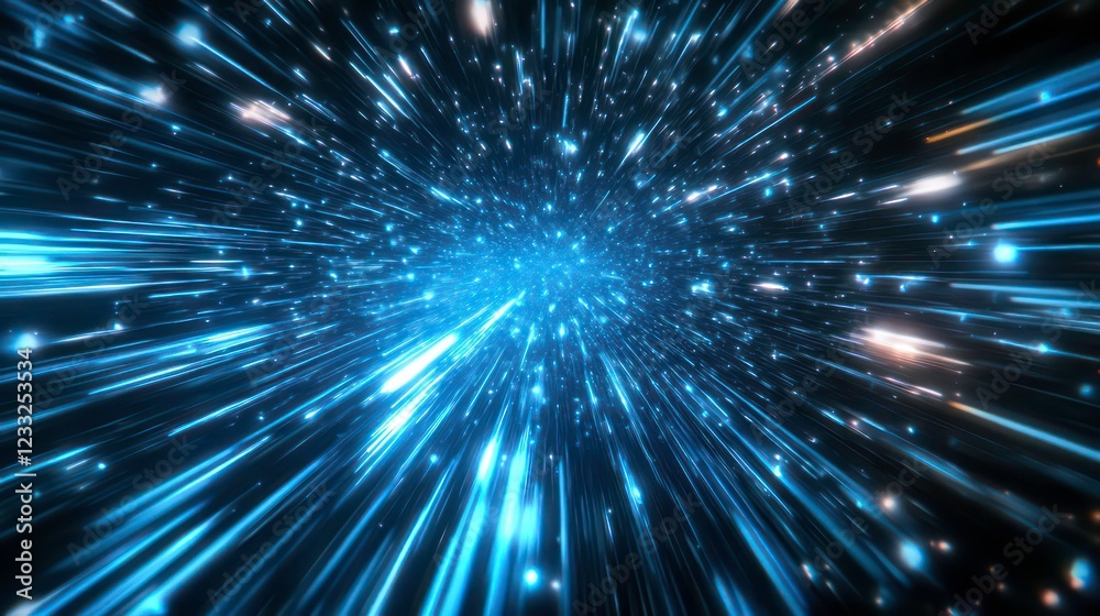 Retro 80s video game background with grid of blue light streaking in space Retro 80s video game background with grid of blue light streaking in space