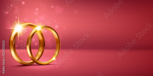 A pair of elegant, shiny, polished gold wedding rings placed side by side on a soft pink background, symbolize love and unity. Little heart shapes are flying around, creating a romantic atmosphere.