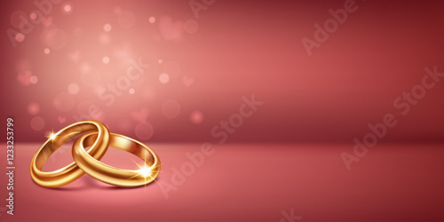 A pair of intertwined elegant, shiny, polished gold wedding rings lying on a soft pink background, symbolize love and unity. Little heart shapes are flying around, creating a romantic atmosphere.
