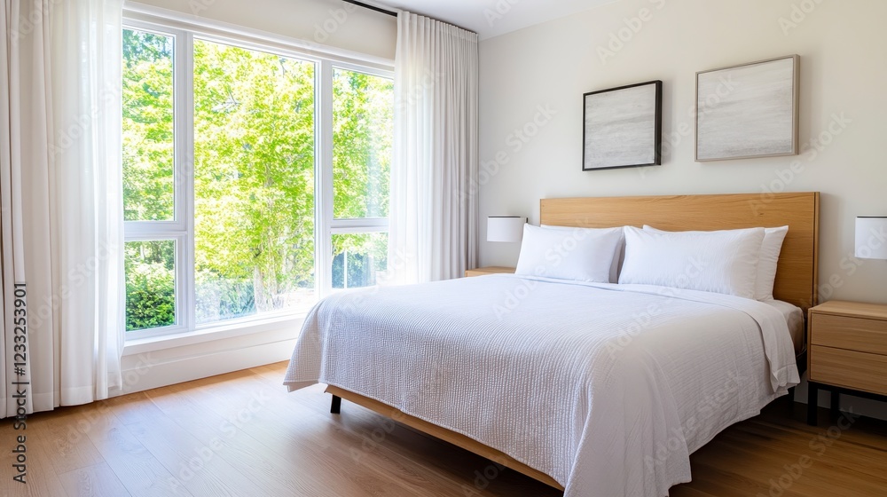 Fototapeta premium Modern Bright Bedroom with Large Window and Minimalist Decor
