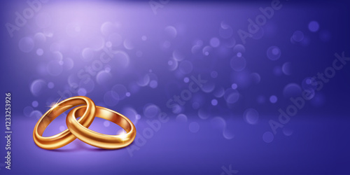 A pair of intertwined elegant, shiny, polished gold wedding rings lying on a soft blue background, symbolize love and unity. Little round shapes are flying around.