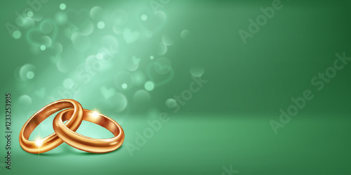 A pair of intertwined elegant, shiny, polished gold wedding rings lying on a soft green background, symbolize love and unity. Little heart shapes are flying around, creating a romantic atmosphere.