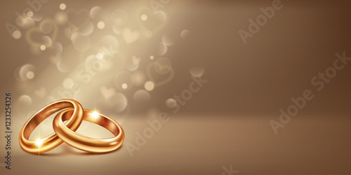 Two intertwined elegant, shiny, polished gold wedding rings lying on a softly lit background, symbolize love and unity. Little heart shapes are flying around, creating a romantic atmosphere.