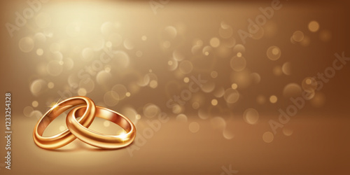 Two intertwined elegant, shiny, polished gold wedding rings lying on a softly lit background, symbolize love and unity. Little round shapes are flying around.