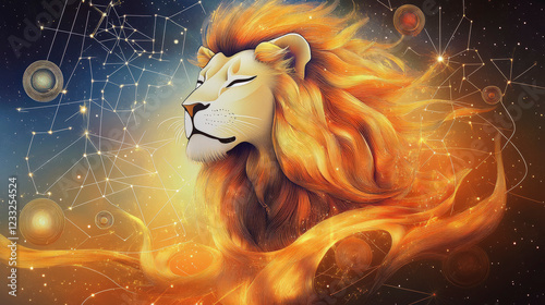 Leo:The Lion Majestic lion illustration surrounded by cosmic elements, embodying strength and harmony in vibrant colors, perfect for wildlife art enthusiasts. photo