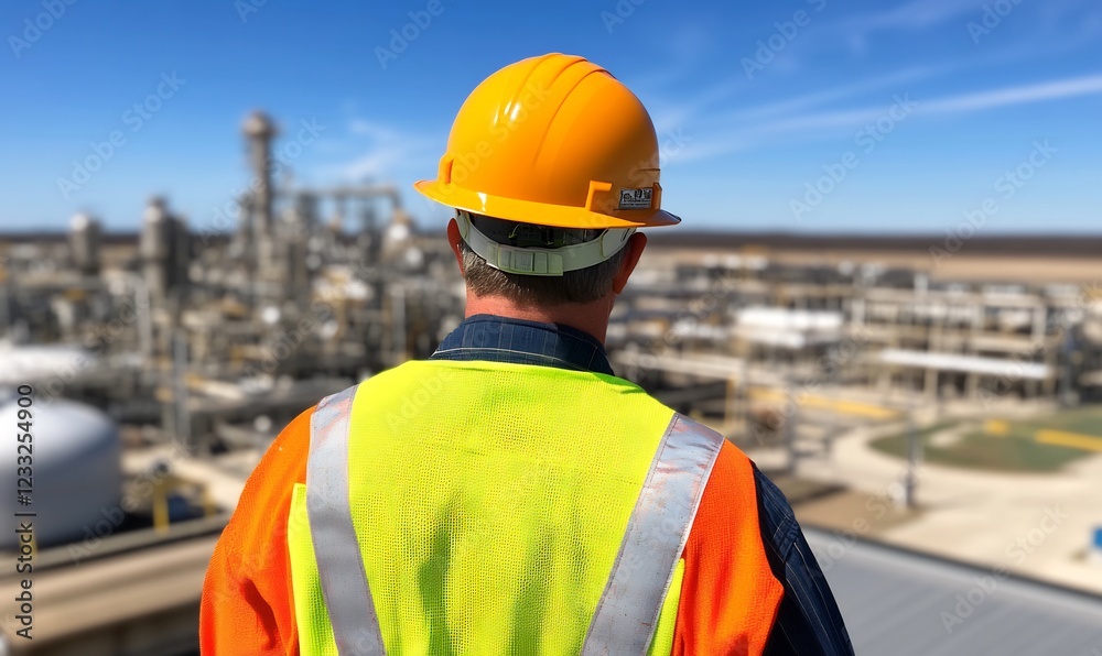 Worker overlooking refinery, industrial complex background Worker overlooking refinery, industrial complex background