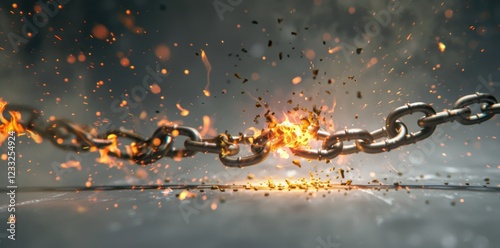 A powerful explosion rips the chain apart, marking the moment of escape and the achievement of personal freedom from control. photo