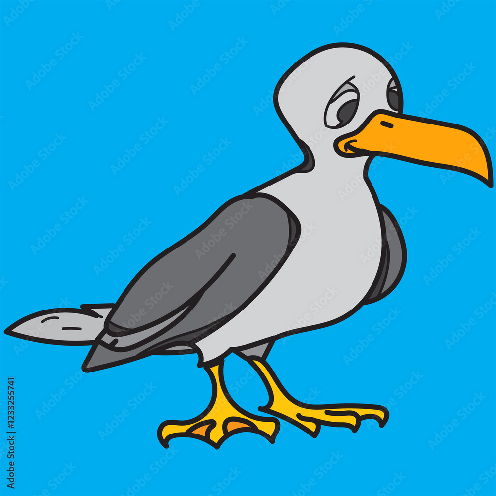 Fototapeta premium Cute Cartoon Seagull with blue Background