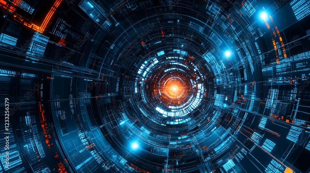 Abstract Digital Data Tunnel with Glowing Light, Futuristic Technology Concept Abstract Digital Data Tunnel with Glowing Light, Futuristic Technology Concept