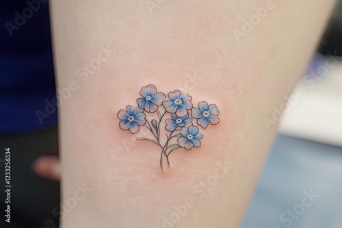 Forget-me-not tattoo on a woman's leg, close-up. Lifestyle image for blogs or websites