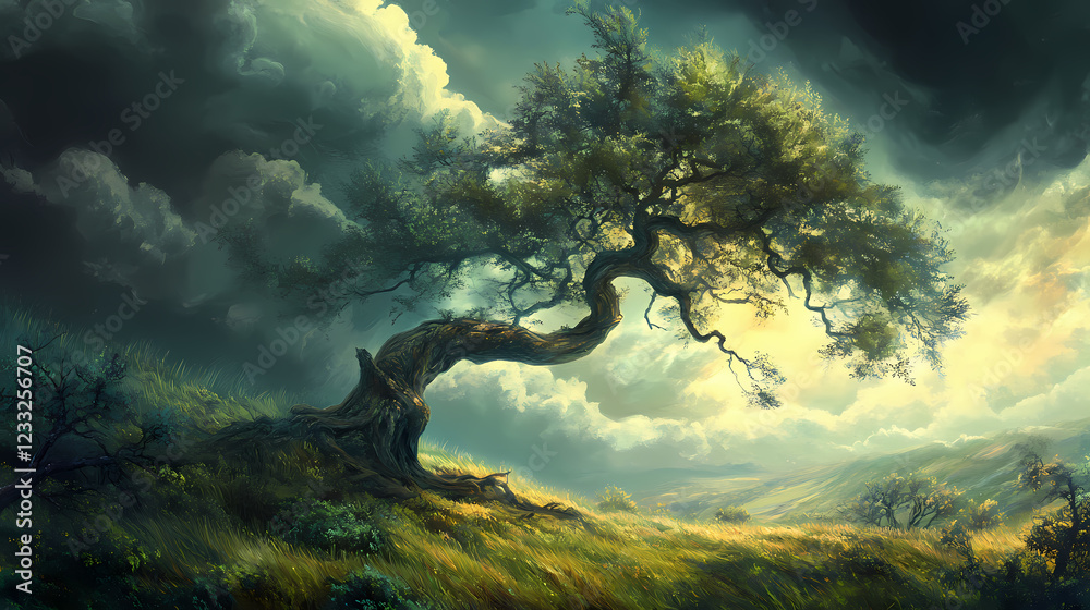 Ancient tree with twisted branches, illuminated by a soft light, stands in a lush green meadow under a dramatic sky. Mystic Meadow. Illustration Ancient tree with twisted branches, illuminated by a soft light, stands in a lush green meadow under a dramatic sky. Mystic Meadow. Illustration