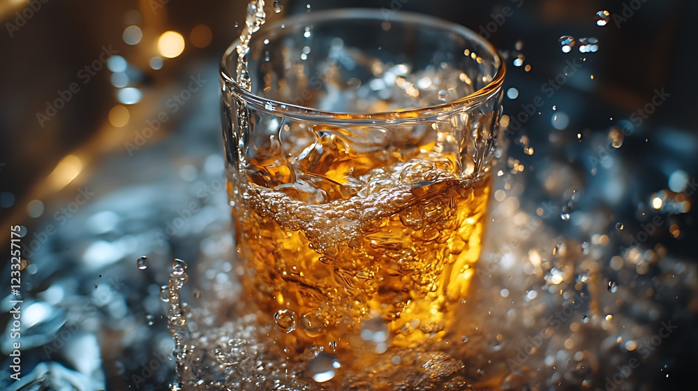 Whiskey pouring, ice, splash, dark bar, bokeh, drinks menu Whiskey pouring, ice, splash, dark bar, bokeh, drinks menu