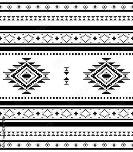 Southwest Aztec geometric Native American Mexican Navajo tribal ethnic boho indian texture ornament seamless pattern fabric black and white design vector for woven textile printing blanket rug carpet 