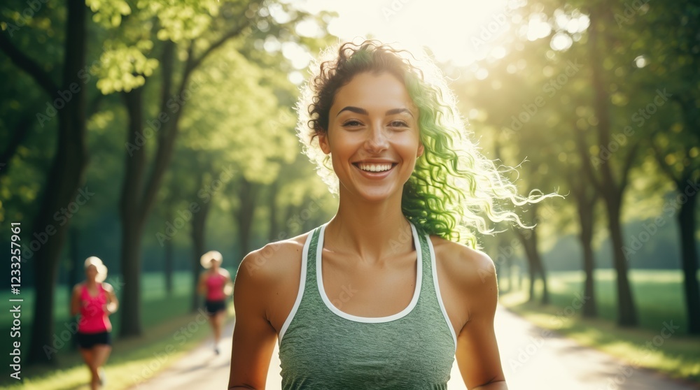 Woman's happiness apparent while jogging on a sun-dappled path Woman's happiness apparent while jogging on a sun-dappled path