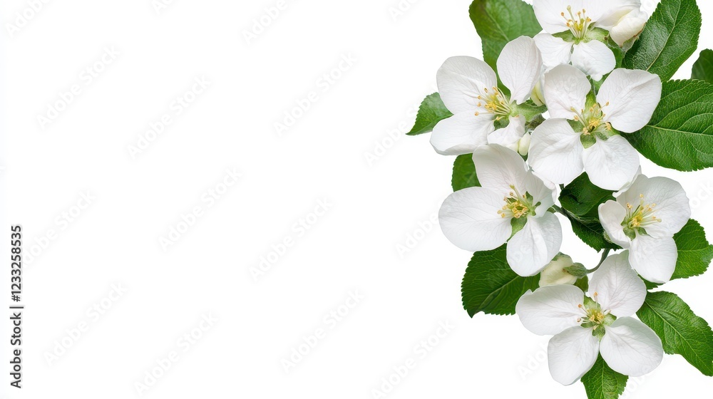 Fototapeta premium White Apple Blossom with Fresh Green Leaves on a Bright Background