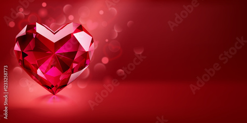 A gleaming red heart-shaped gemstone is set against a gradient red background...