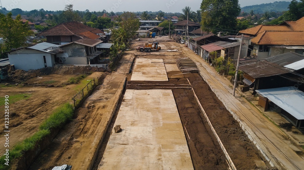 Aerial view of construction site in a village with heavy equipment and dirt Aerial view of construction site in a village with heavy equipment and dirt