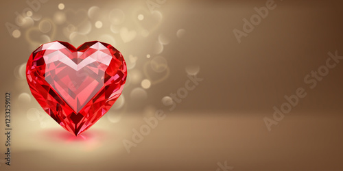 A beautifully faceted red heart-shaped gemstone that glimmers with light. The background is softly lit with warm tones. Soft bokeh hearts add a romantic and elegant atmosphere.