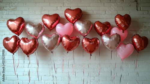 Red and Pink Heart Balloons Against Brick Wall photo