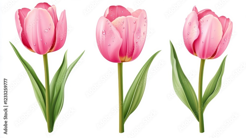 Obraz premium Beautiful pink tulips with water droplets and green leaves
