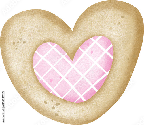 A tan heart-shaped cookie with a pink diamond-patterned center.
