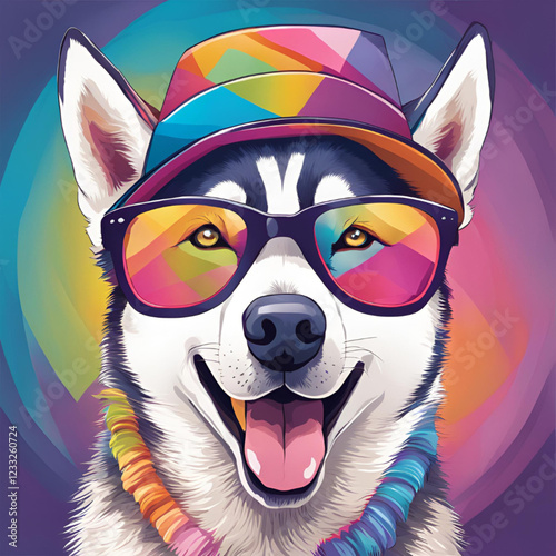 Husky com óculos e chapéu IA. 