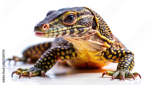 Stunning Tilt-Shift Photography of an Isolated Ackie Monitor on a White Background for Nature Lovers and Reptile Enthusiasts, Showcasing Unique Features and Textures in Focus photo