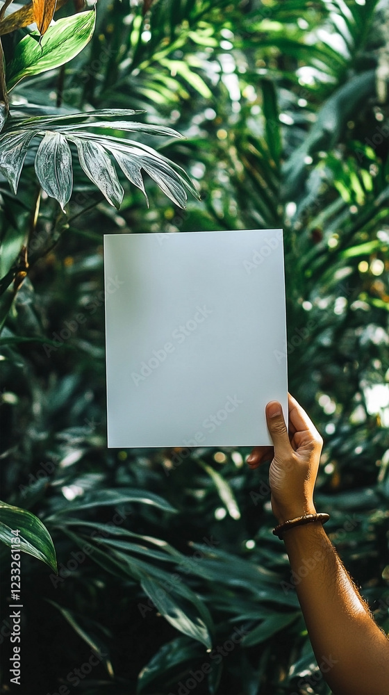 Hand holding blank white paper sheet mockup against lush green plants background Hand holding blank white paper sheet mockup against lush green plants background