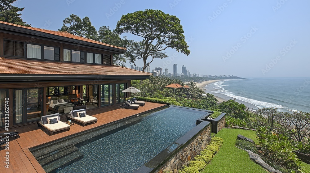 Fototapeta premium Luxurious Oceanfront Villa with Infinity Pool and Stunning View