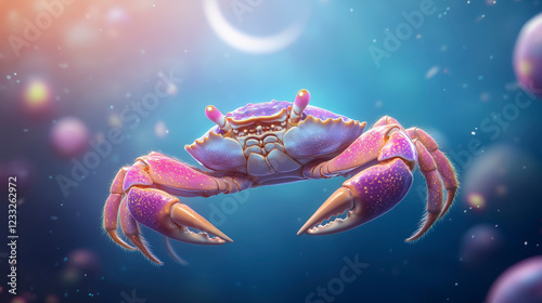 Cancer:The Crab Vibrant cosmic crab illustration with colorful oceanic background, perfect for enhancing marine life art collection and decor inspiration. photo