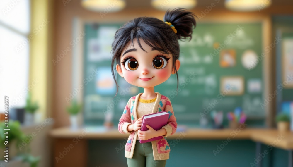 A stylized character stands in front of a chalkboard with a pink book, Generative AI A stylized character stands in front of a chalkboard with a pink book, Generative AI