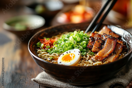 Spicy ramen with soft-boiled egg, pork belly, and green onions placed on a traditional ceramic bowl photo