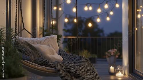 Ultra-realistic image of a small balcony with a swing chair, string lights, and a soft blanket, creating a peaceful outdoor retreat
