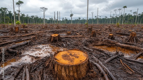 Deforestation area in a tropical rainforest shows cut trees and muddy ground after logging activity