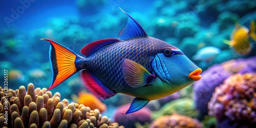 Vibrant Underwater World: Close-Up of Redtoothed Triggerfish (Odonus niger) in Tropical Indo-Pacific with Tilt-Shift Photography for Stunning Marine Life Imagery photo