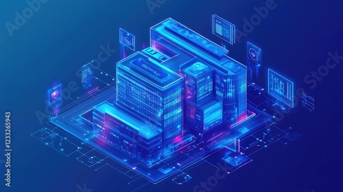Isometric smart hospital building depicting a technologically advanced healthcare facility