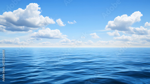 A serene ocean scene with calm waters,blue sky and white clouds in the background. Ocean Horizon. Illustration