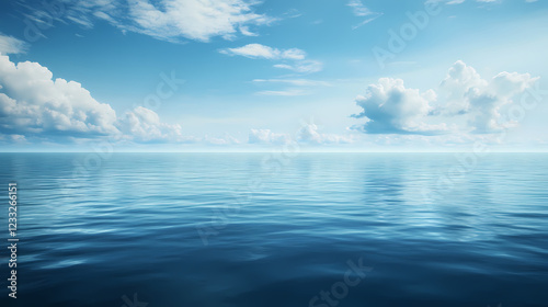 A serene ocean scene with calm waters,blue sky and white clouds in the background. Ocean Horizon. Illustration
