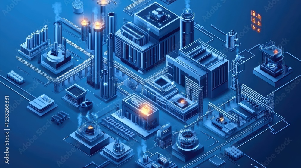 Isometric vector illustration depicting digital control technology optimizing maintenance facilities in the manufacturing industry Shows modern smart factory manufacturing facilities