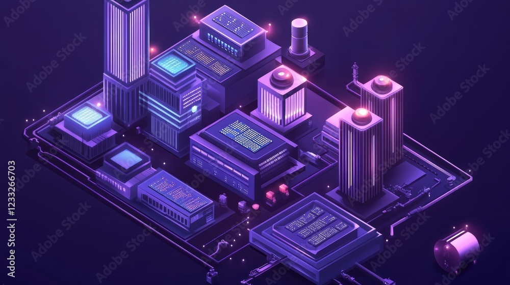 Isometric vector illustration depicting digital control technology optimizing maintenance facilities in the manufacturing industry Shows modern smart factory manufacturing facilities Isometric vector illustration depicting digital control technology optimizing maintenance facilities in the manufacturing industry Shows modern smart factory manufacturing facilities