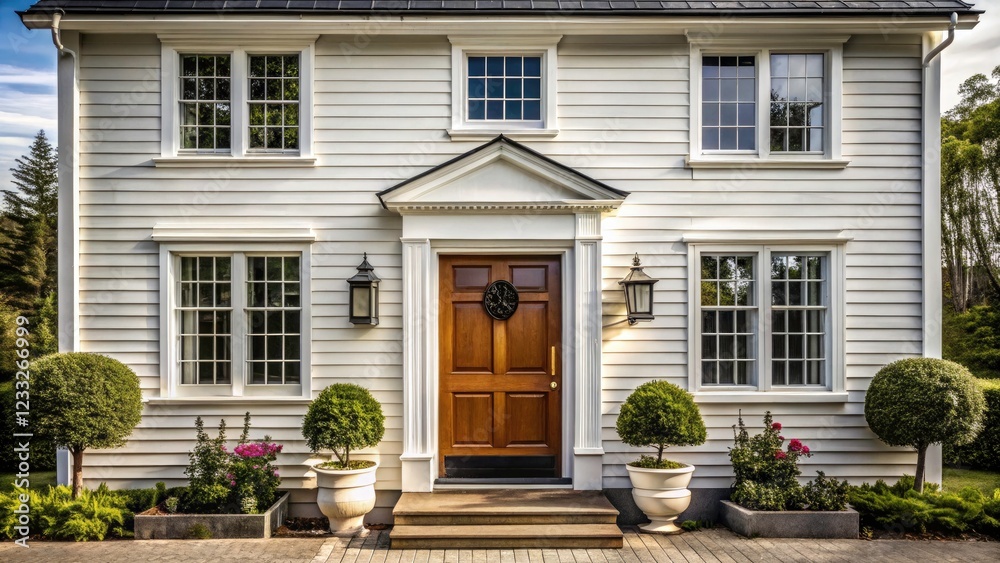Obraz premium Vintage Style Modern White House with Black Windows and Wooden Door - Timeless Architecture, Elegant Design, Exterior View, Classic
