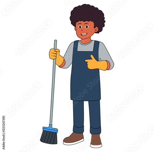 Cartoon Man Africa Cleaning Service Vector Illustration