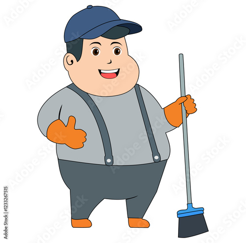 Cartoon Man Fat Cleaning Service Vector Illustration